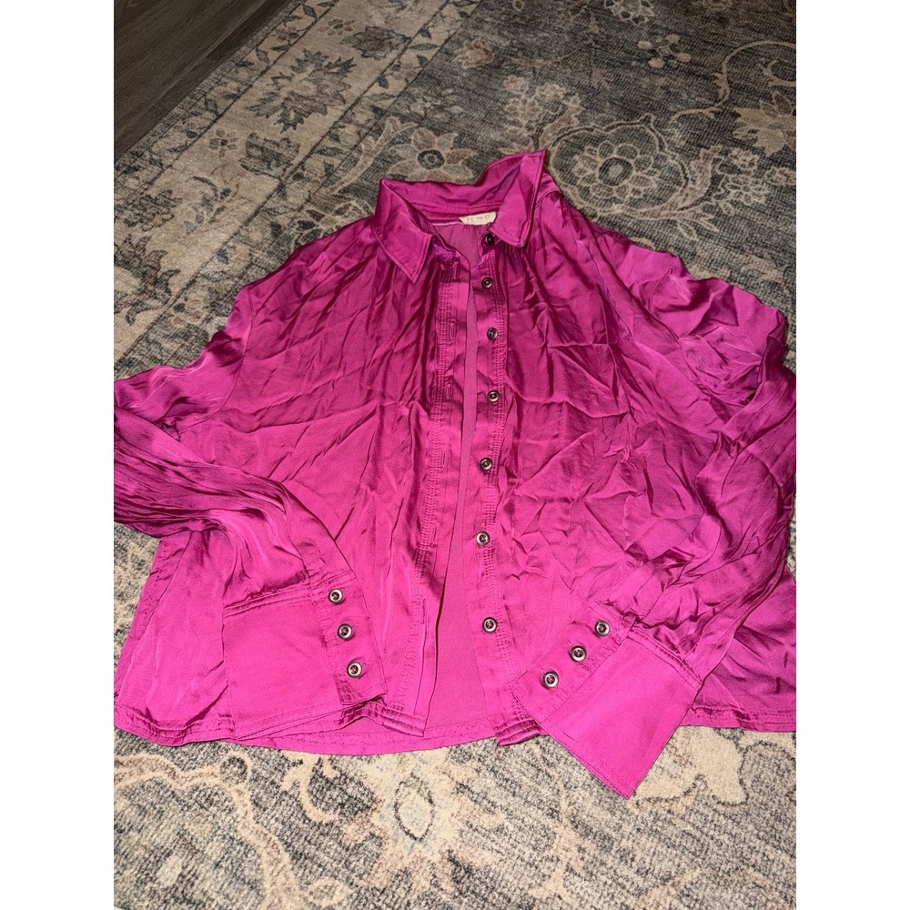 Pilcro Anthropologie Fuschia Pink Satin Long Sleeve Button Up Top